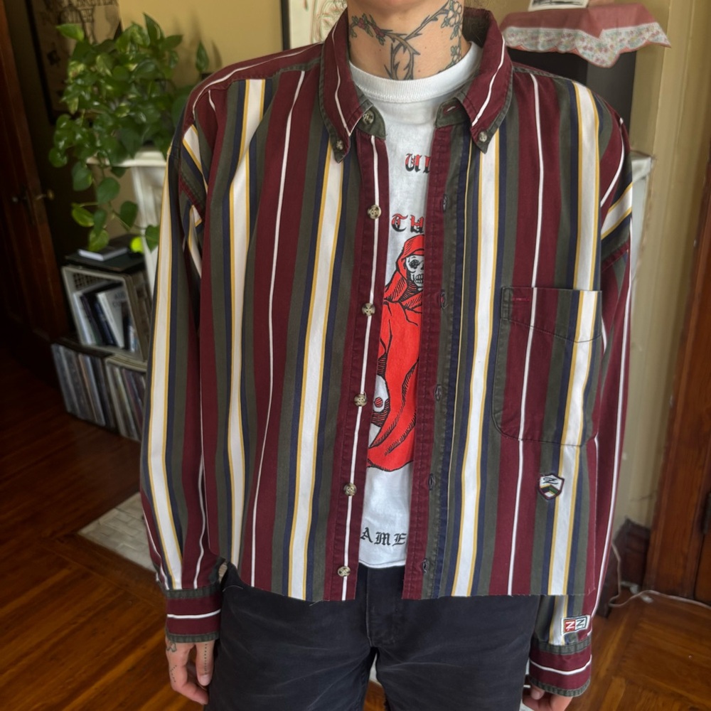 💀 SOLD 💀 Vintage 80s Striped Cropped Boxy Long Sleeve Button Down Ziza ~ Size L - Picture 2 of 8